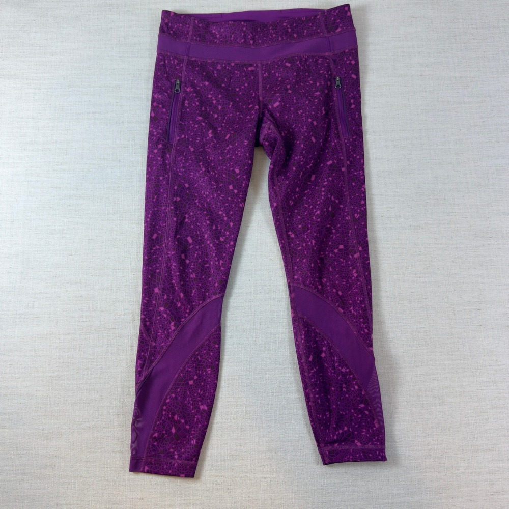 Lululemon Purple Geometric Mesh Panel Zipper Pocket Athletic Leggings 23 Inseam